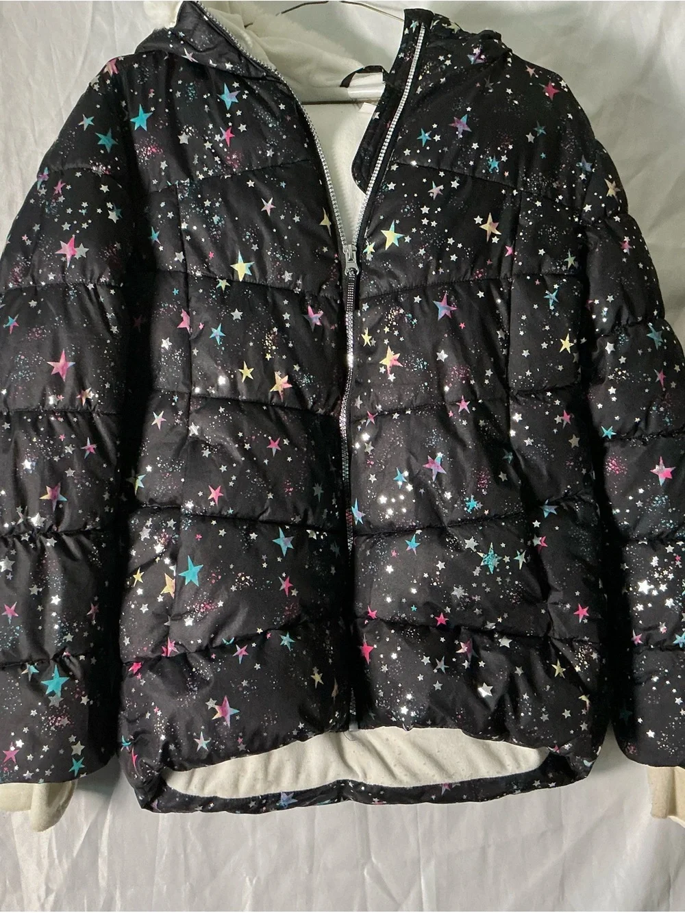 ZeroXposur Kids Black Puffer Jacket with Multicolor Star Print
